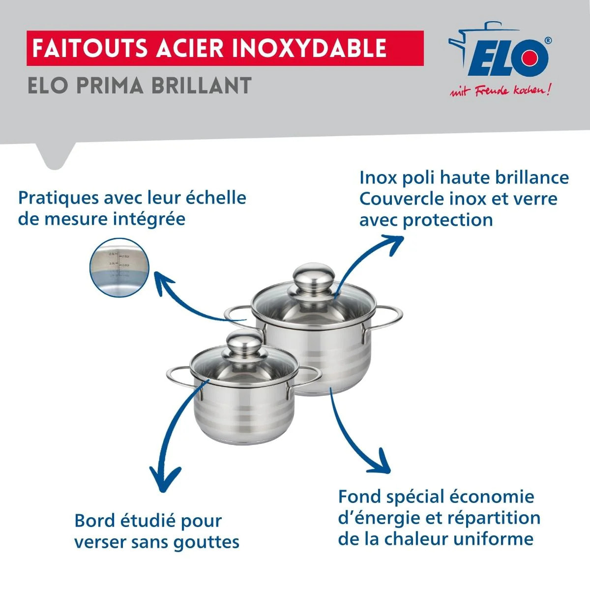 Ensemble de 2 Poêles de cuisson 28 et 32 cm et 2 faitouts 14 et 16 cm Elo Profi Brillant