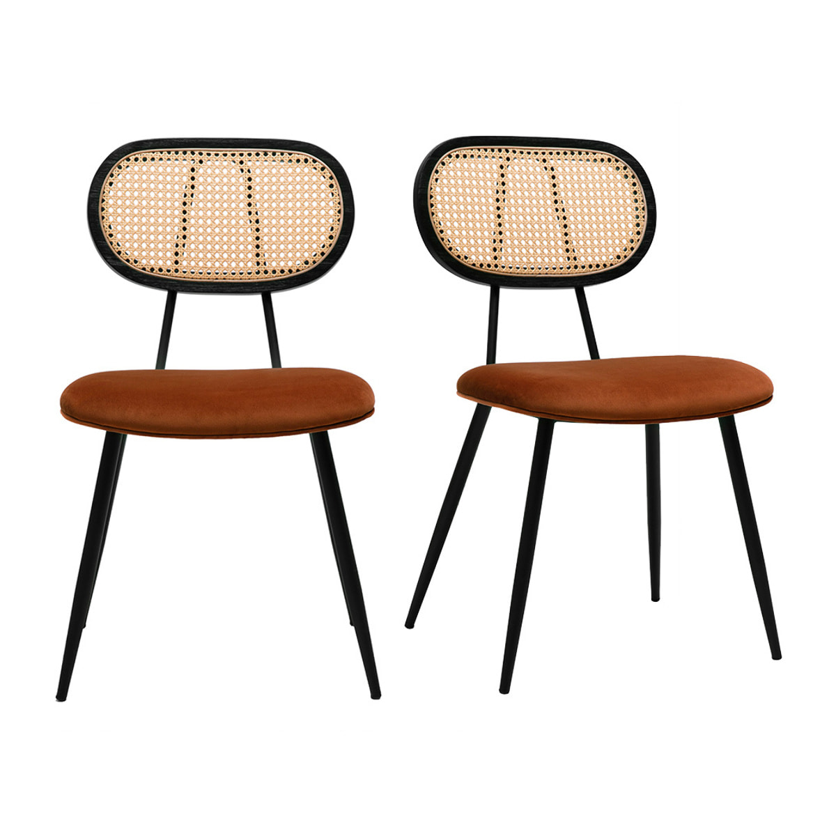 Chaises design en velours terre brûlée, métal noir et cannage rotin (lot de 2) SWANN