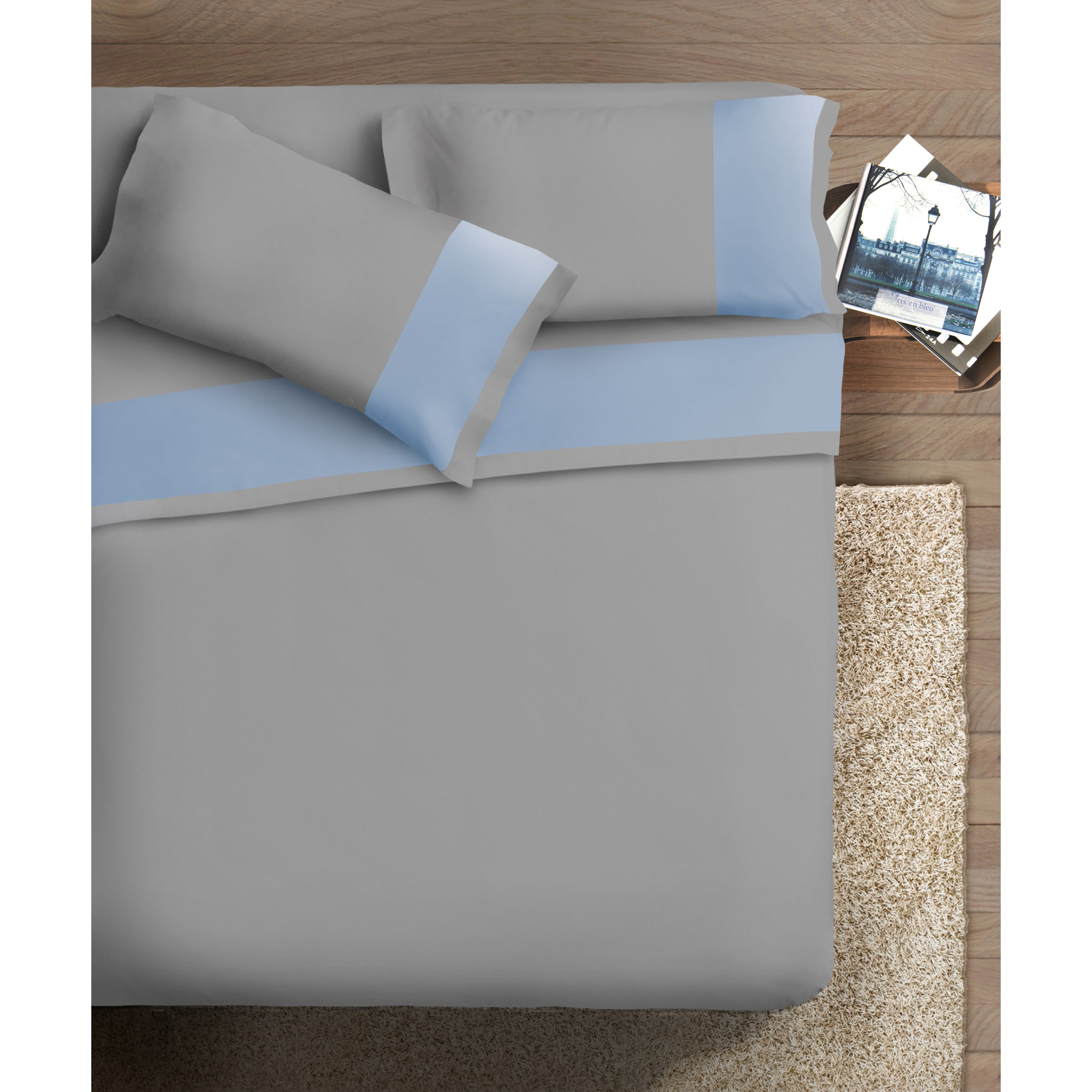 Completo letto bordo RASO IPERSAN Puro Cotone Azzurro fondo Grigio