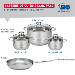 Ensemble de 1 Poêle de cuisson 28 cm et 3 faitouts 14, 16 et 24 cm Elo Profi Brillant