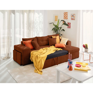 California - canapé d'angle réversible 4 places - convertible avec coffre, étagère et poufs - en velours texturé - Terracotta