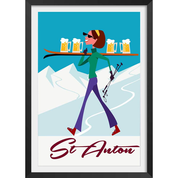 Poster retro chope à st anton Affiche + cadre en bois - Noir
