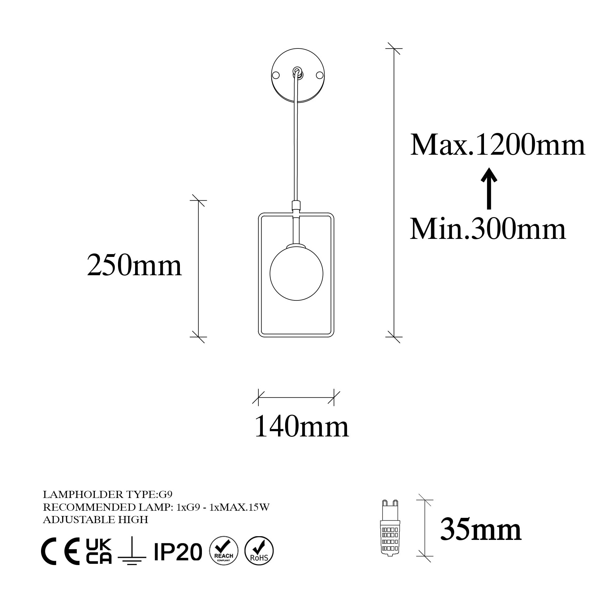 Aplique de pared, metal , negro, 14x15x40, casquillo G9 Max 10 W