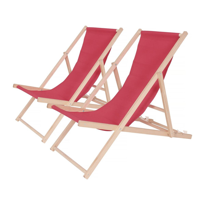 Lot de 2 transat en bois "Chilienne" - 107 x 56.5 x 81 cm - Rouge