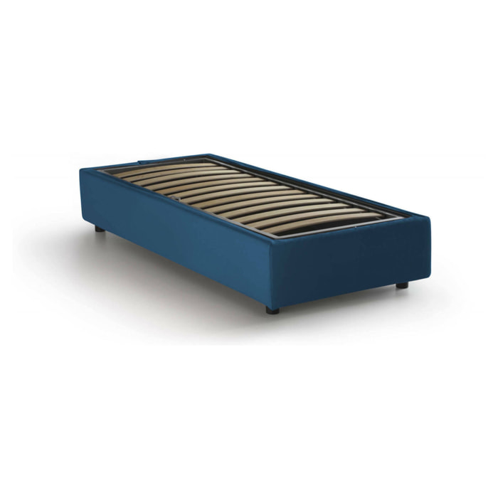 Letto singolo Acetico, Letto contenitore con rivestimento in tessuto, 100% Made in Italy, Apertura frontale, adatto per materasso Cm 90x200, Blu