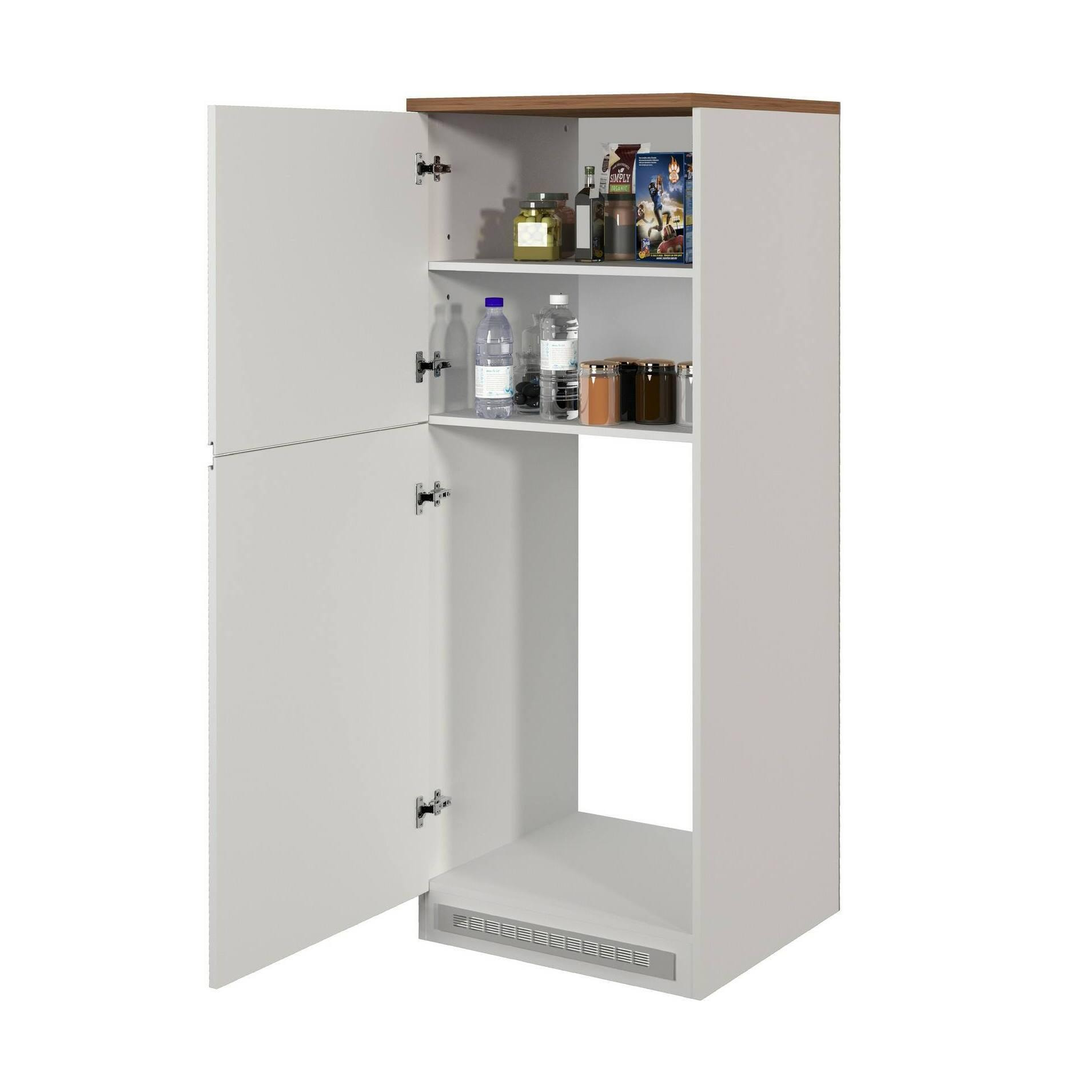 Dispensa da cucina Dcasasol, Mobile multiuso, Armadio porta frigo a 2 ante, 100% Made in Italy, 60x60h165 cm, Bianco lucido e Rovere