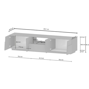 Mobile porta TV Dcortinovi, Credenza bassa da soggiorno con 4 ante e 1 cassetto, Base porta TV, 220x44h46 cm, Bianco lucido