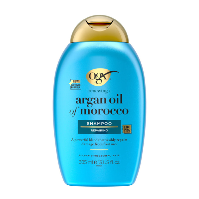 OGX Shampooing Réparateur Huile d'Argan du Maroc, 385ml – Soin capillaire pour cheveux secs et abîmés – Shampoing sans sulfate