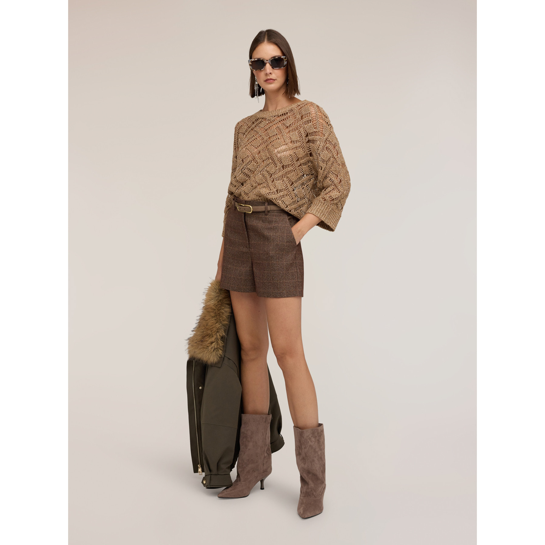 Motivi - Shorts a vita alta fantasia check - Marrone