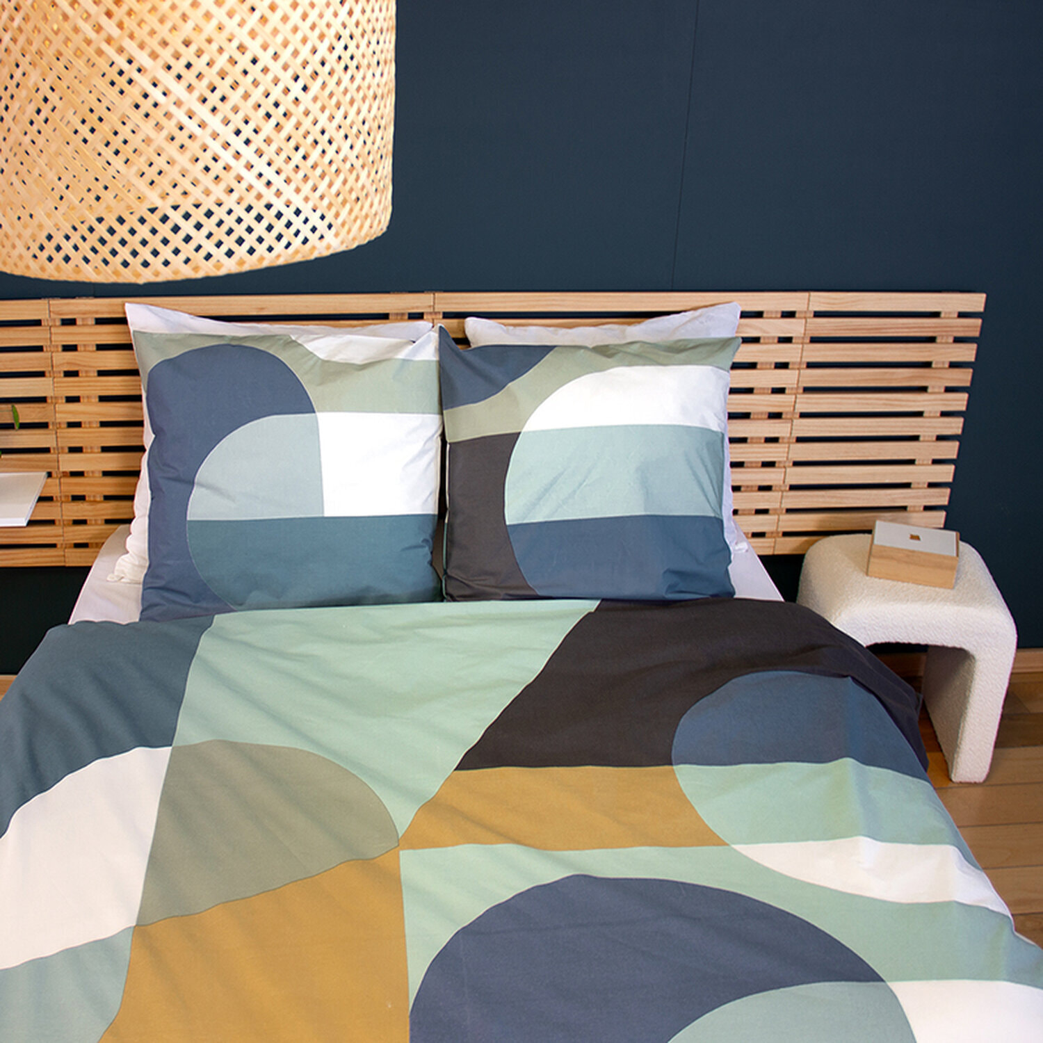 Parure housse de couette 100% coton motifcolor block - bleu et ocre