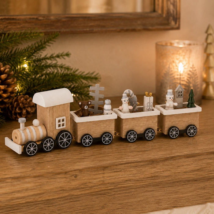 Tren navideño decorativo de madera, diseño natural con vagones y árboles, adorno para mesa, estantería o centro de navidad, 25x6,5x3 cm