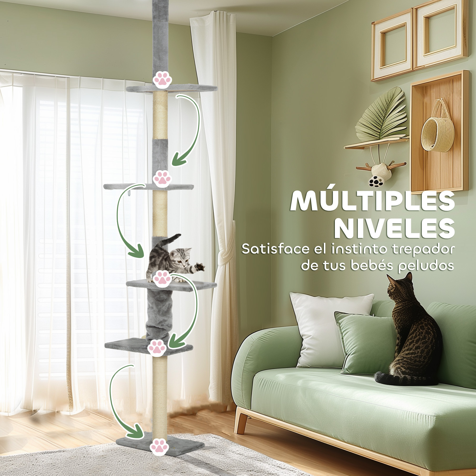 Árbol para Gatos de Suelo a Techo 225-275 cm Árbol Rascador para Gatos Torre para Gatos con Múltiples Plataformas Sistema de Antivuelco Gris Claro