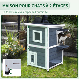 Maisonnette pour chat sur pied 2 niveaux - toit ouvrant bitumé - bois sapin pré-huilé peint gris blanc