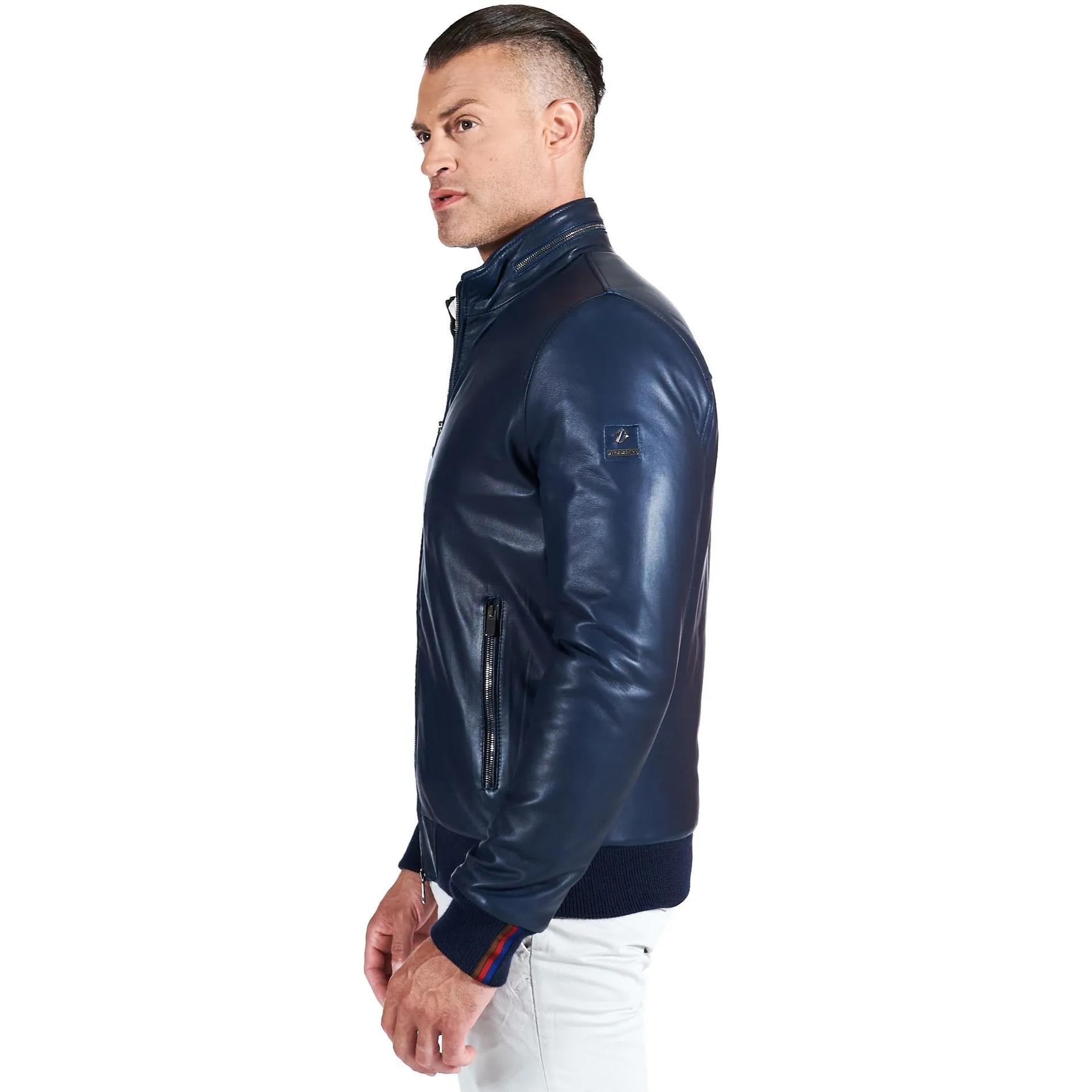 Bomber imbottito in pelle nappa blu collo coreana con cerniera