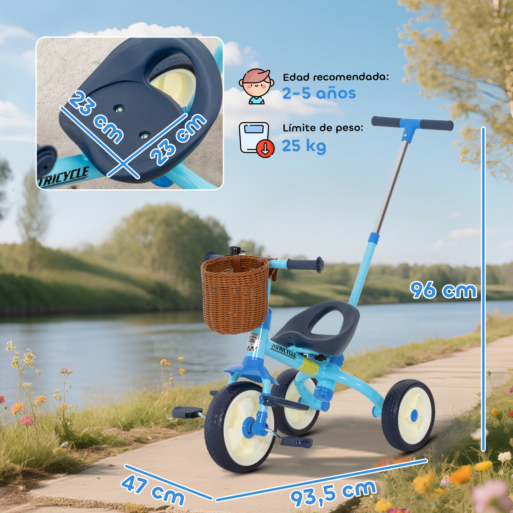 Triciclo para Bebés 2 en 1, Triciclo Evolutivo, 2-5 Años, con Barra Parental Ajustable, Pedales Antideslizantes, Reposapiés Plegables y Cesta, para Niños y Niñas, Azul Claro