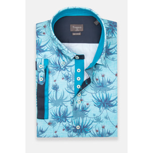 Camicia Uomo Manica Corta 2 Bottoni Button Down 7 Botto Popeline Stampato Turchese/Blu