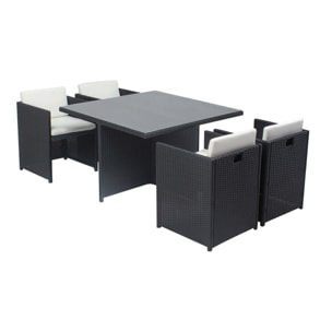 Table et chaises 4 places encastrables en résine noir-blanc REGINA