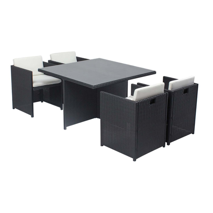 Table et chaises 4 places encastrables en résine noir-blanc REGINA