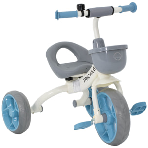 Tricycle enfant multi-équipé garde-boue avant sonnette pédales antidérapantes selle avec dossier bleu blanc gris