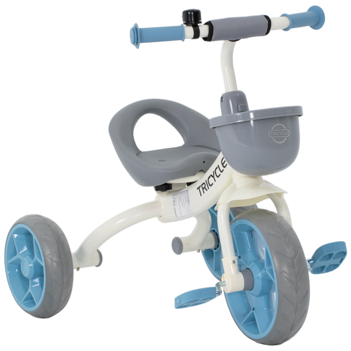 Tricycle enfant multi-équipé garde-boue avant sonnette pédales antidérapantes selle avec dossier bleu blanc gris