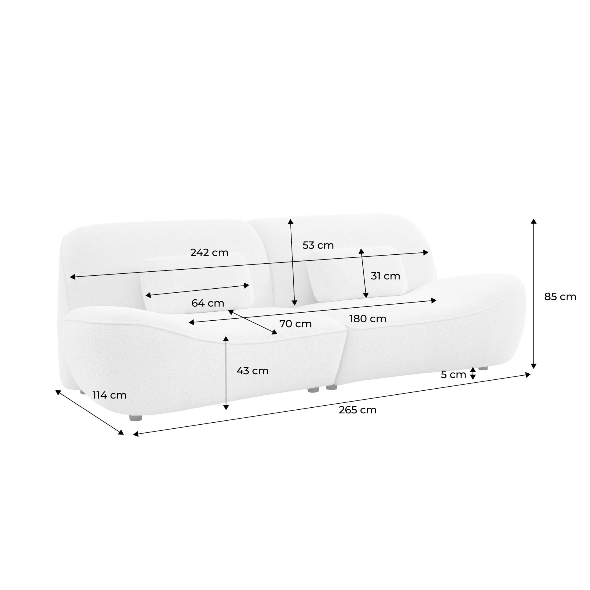 Canapé 3 places en bouclette blanche L 265 x P 114 x H 85cm - Nia