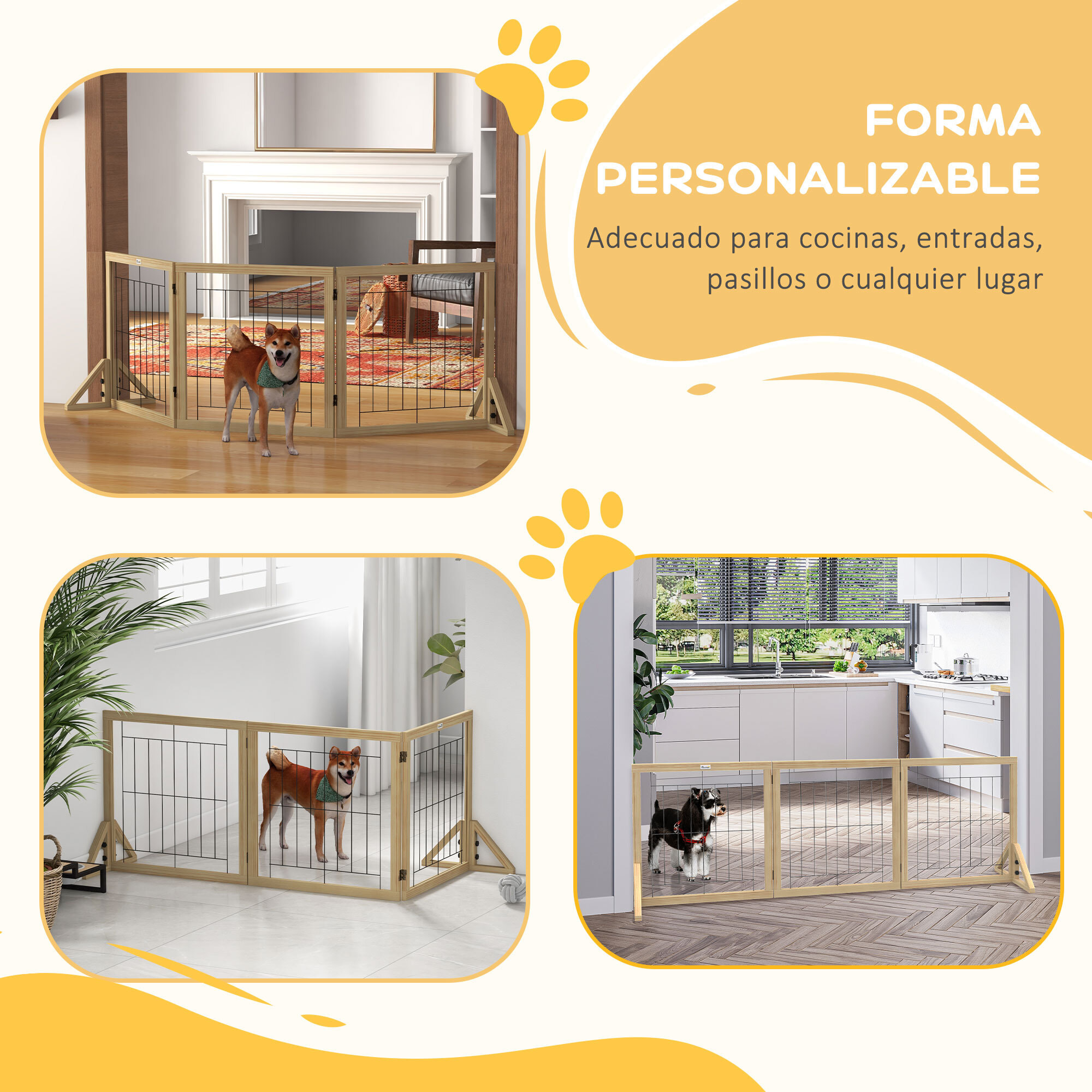 Barrera para Perros de Madera Valla para Mascotas Plegable de 3 Paneles con Plegado Bidireccional y Patas de Apoyo Triangulares para Puerta Pasillo Escalera 210x44x70 cm Madera Natural