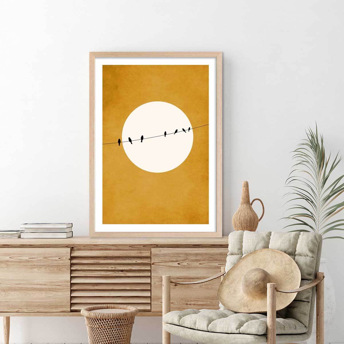 Affiche dessin ""Gazouillis"" Affiche + cadre en bois - Chêne