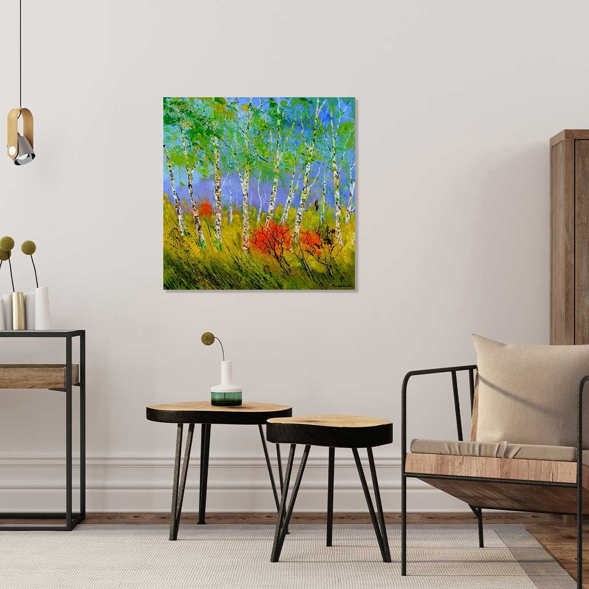Tableau paysage bouleaux et coquelicots Toile imprimée