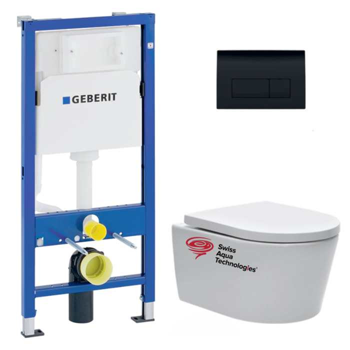 Pack WC sans bride SAT, fixations invisibles + Abattant softclose + Bâti support Geberit UP100 + Plaque Noir brillante