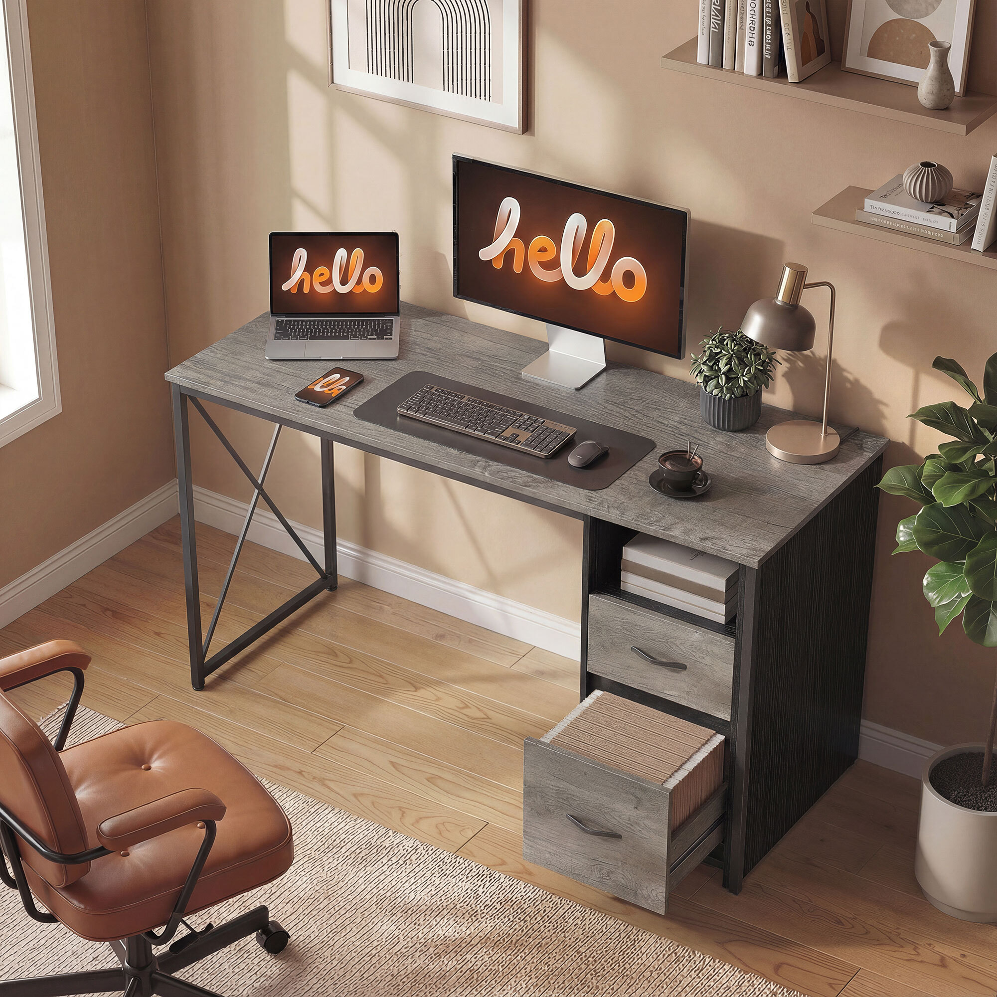 Mesa de Ordenador, 120x50 cm, Escritorio de Ordenador Industrial con Compartimento y 2 Cajones, para A4, Cartas, para Oficina, Estudio, Gris Claro