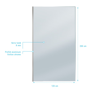 Paroi de Douche 120x200cm - Verre Trempé Fumé 8mm - Profilé Chrome - FREEDOM 2 SMOKED