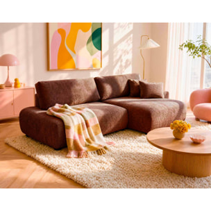 Pivoine - Canapé d'angle ouvert droit 4 places convertible avec coffre en tissu texturé - Terracotta