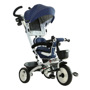 Tricycle enfant évolutif pliable pare-soleil pliable canne télescopique amovible 118L x 53l x 105H cm métal blanc bleu noir