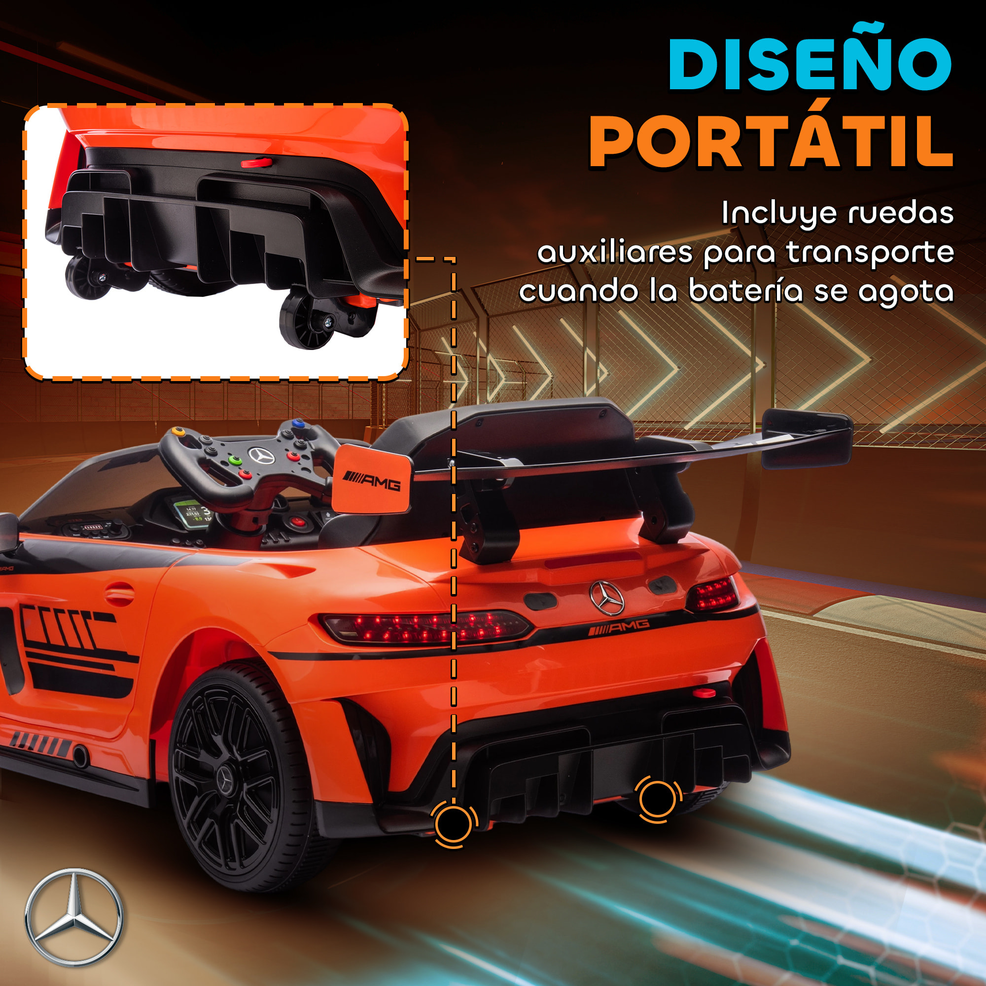 Coche Eléctrico para Niños, Mercedes-AMG GT3 Evo, Coche de Batería 12V, con Mando a Distancia 2,4 G, Motor Doble, Ruedas Auxiliares, Asa de Arrastre, Música Inalámbrica, Faros, Naranja