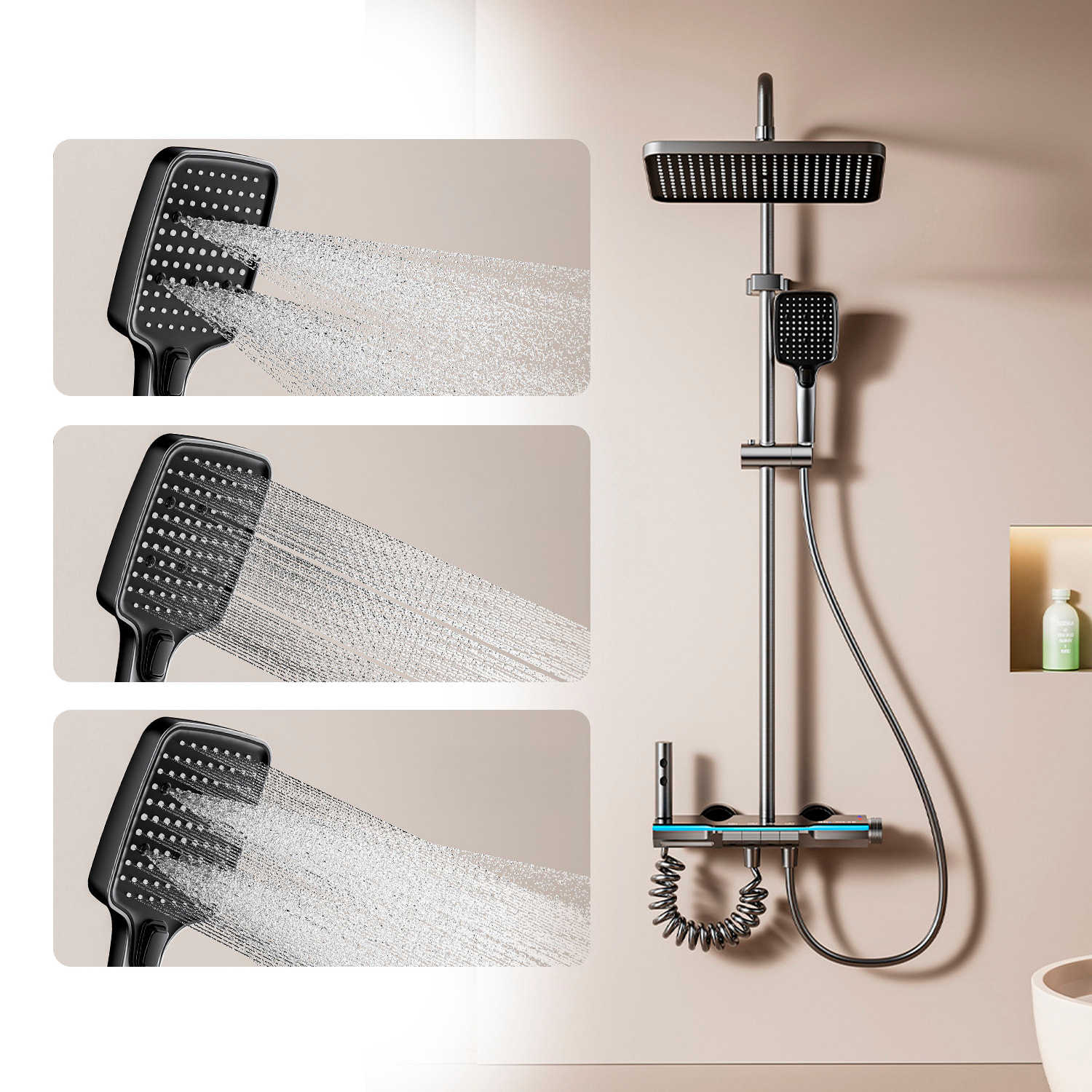 Juego de ducha completo 845 montado en pared. Con pantalla digital y múltiples modos de agua, con mezclador, iluminación ambiental y control preciso.