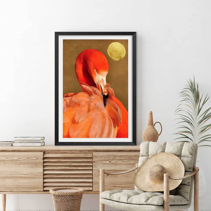 Affiche animaux flamingo et soleil d'or Affiche sous cadre noir