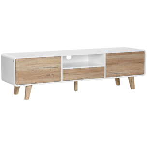 Meuble TV bas sur pied style scandinave 2 portes niche tiroir MDF blanc aspect chêne clair