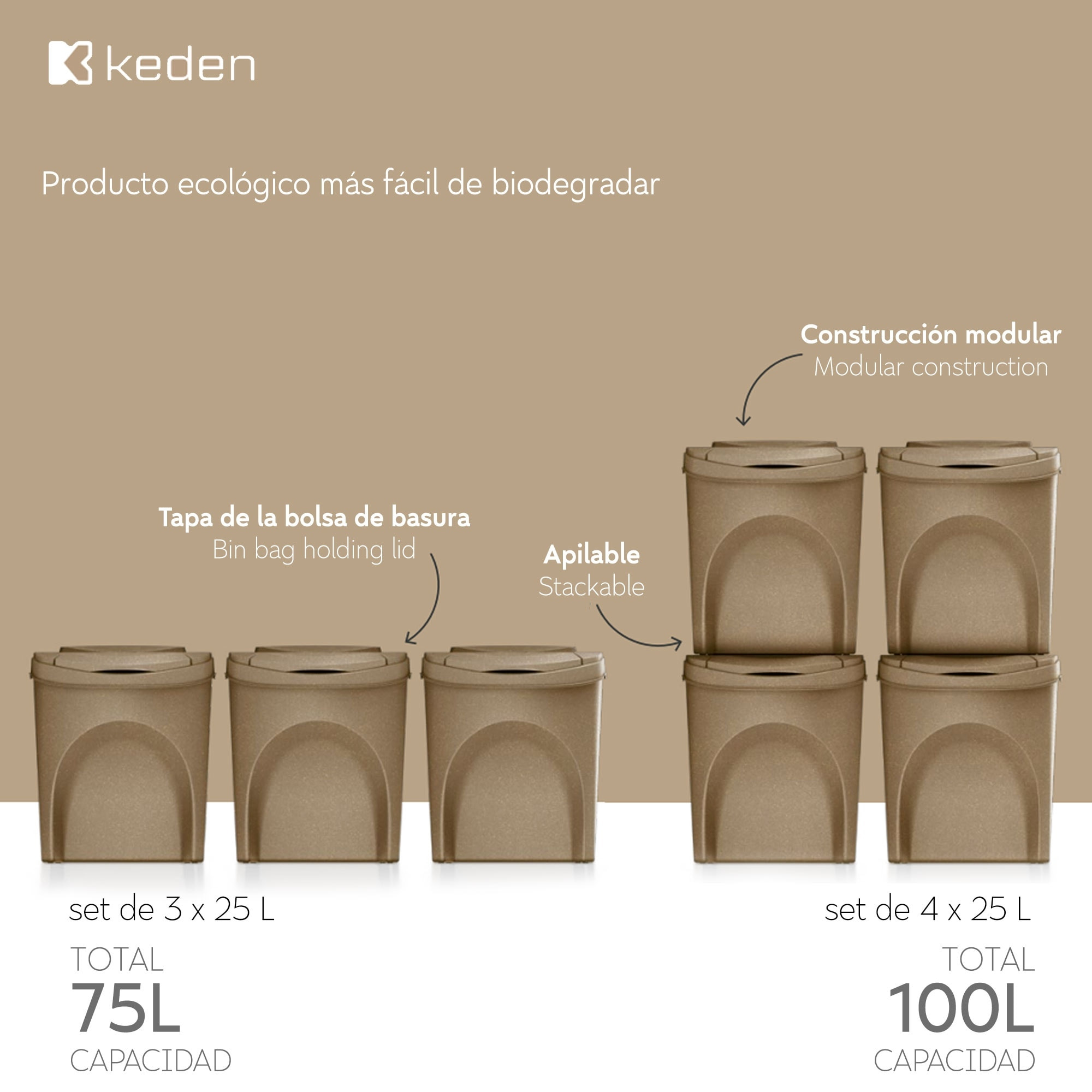 Set de 3 cubos de basura papelera reciclaje, marrón eco, volumen 3x25l