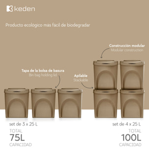 Set de 3 cubos de basura papelera reciclaje, marrón eco, volumen 3x25l