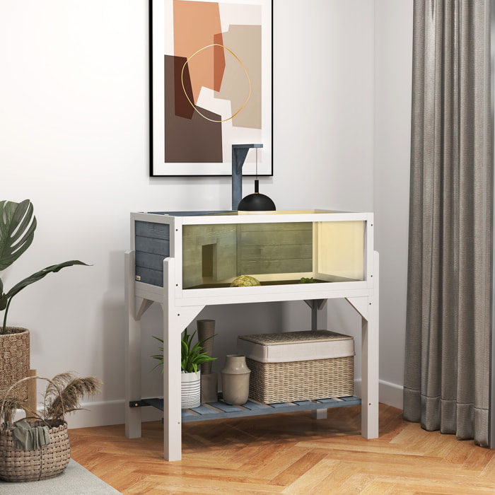 Casa de Tortugas de Madera, Terrario de Reptiles con Estante, Soporte para Lámpara, Paneles Transparentes, Techo Abatible, Bandeja, Caseta para Tortugas Exterior Interior, 90x84,5x47,5 cm, Gris