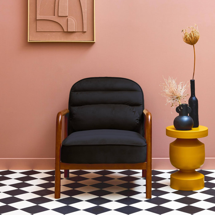 Fauteuil scandinave bois d'hévéa teinté noyer et tissu velours noir