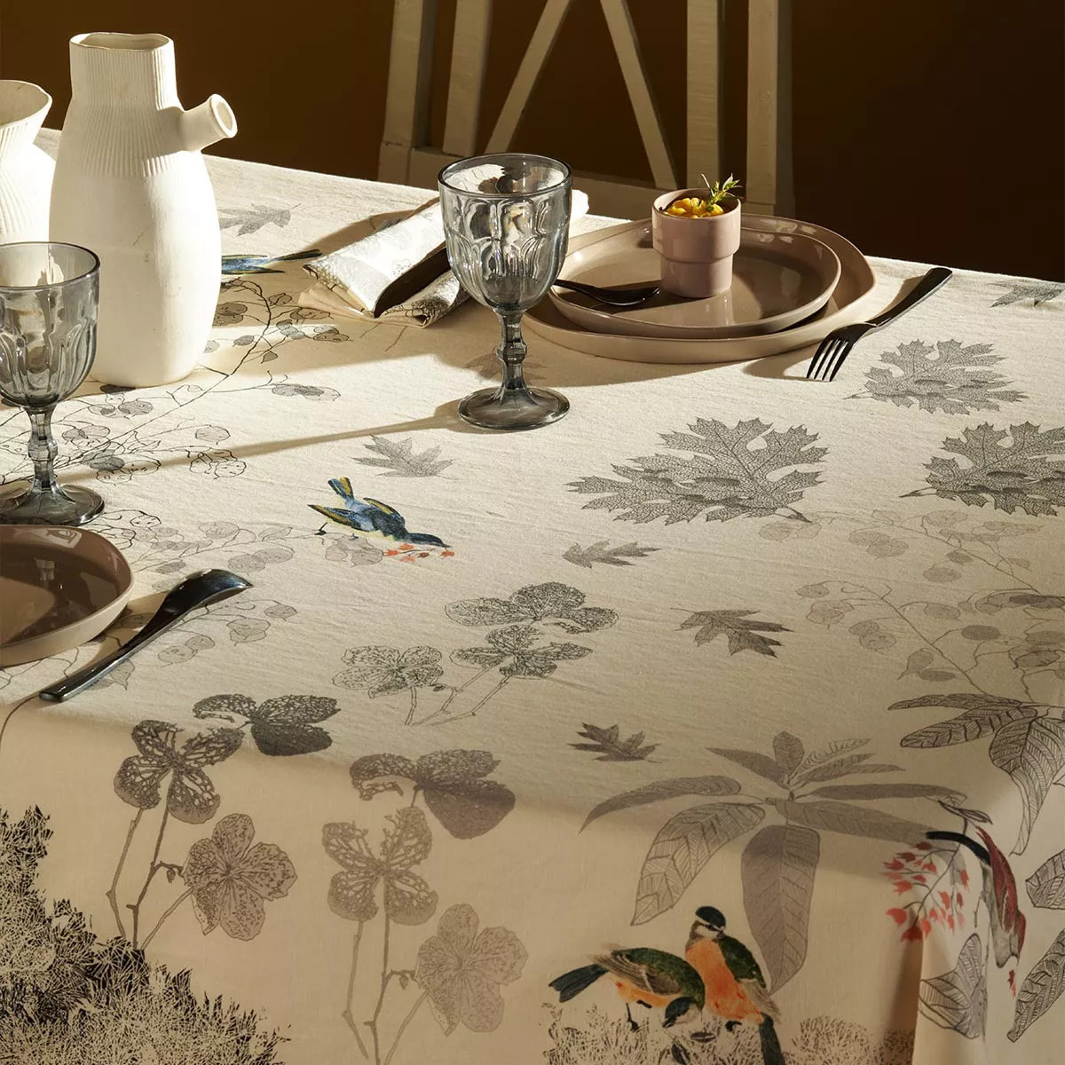 Nappe lin & coton lavé 150 g/m² imprimé beige noir Monochrome fusain