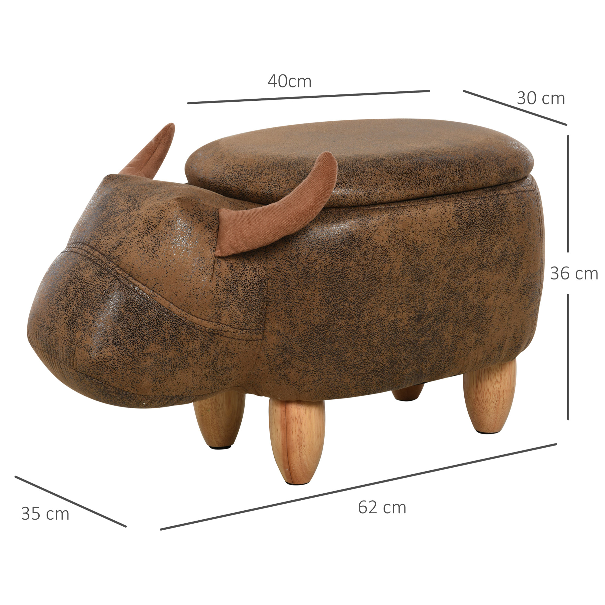 Tabouret vache - pouf vachette - pouf taureau coffre de rangement 2 en 1 - pieds bois d'hévéa revêtement synthétique aspect daim vieilli marron