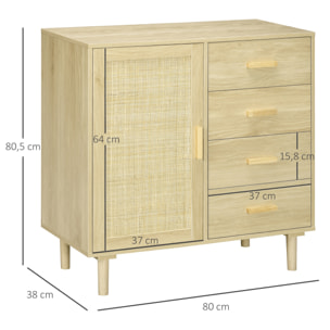 Buffet cannage rotin style naturel - porte, étagère, 4 tiroirs - dim. 80 x 38 x 80,5 cm - effet bois clair