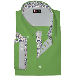 Camicia Uomo Manica Corta 2 Bottoni Button Down 7 Botto Popeline Stretch Unito Verde Medio