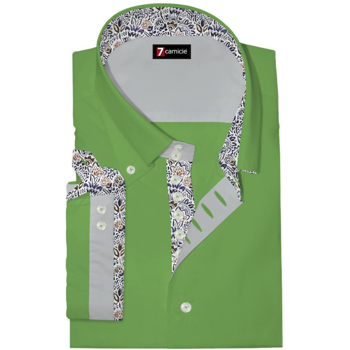 Camicia Uomo Manica Corta 2 Bottoni Button Down 7 Botto Popeline Stretch Unito Verde Medio