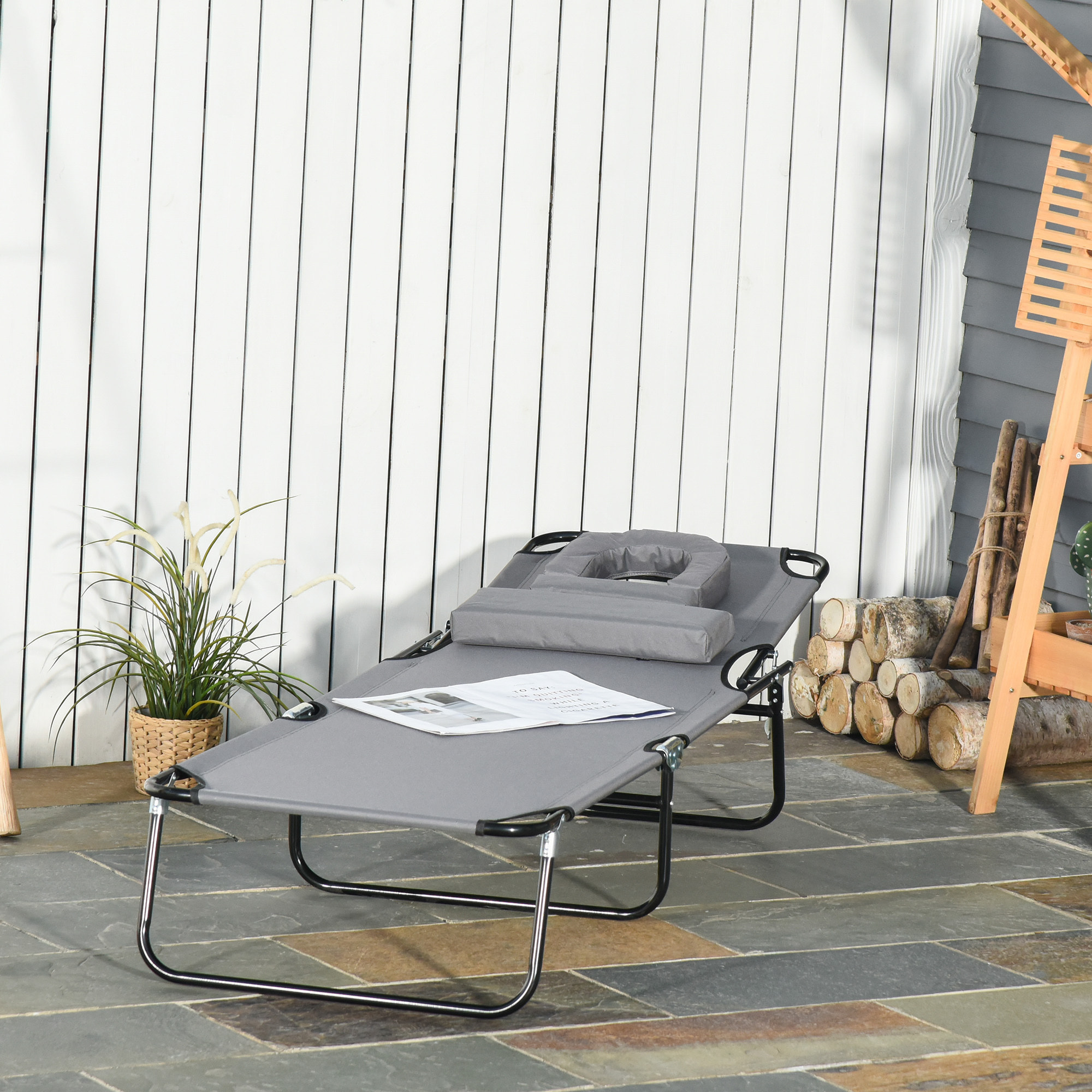 Bain de soleil pliable transat inclinable 4 positions chaise longue de lecture 3 coussins fournis gris