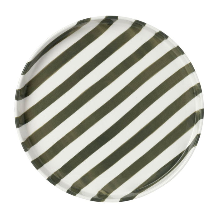 J-Line Assiette lignée - grès - vert olive/blanc - large
