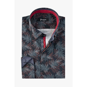 Camicia Uomo 2 Bottoni Button Down Slim Popeline Fantasia Verde Scuro e Mattone