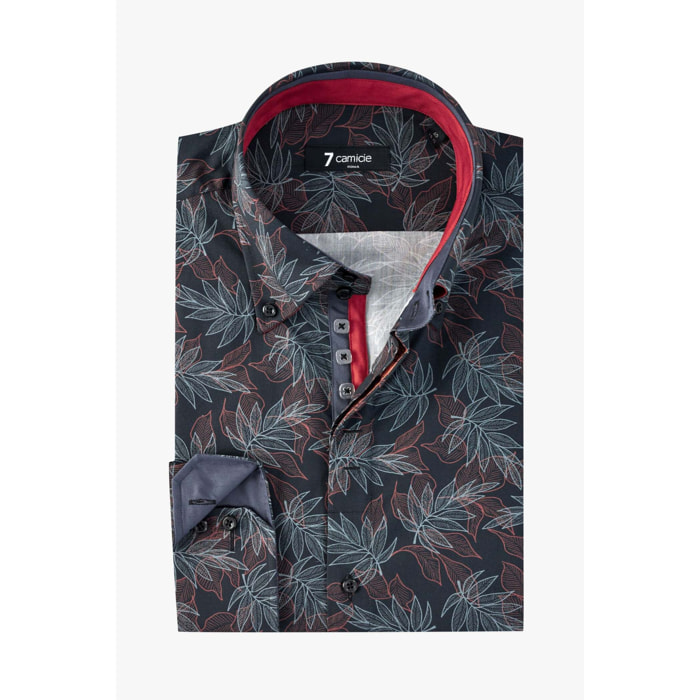 Camicia Uomo 2 Bottoni Button Down Slim Popeline Fantasia Verde Scuro e Mattone
